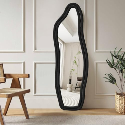 BestAlice Ganzkörperspiegel 160x50cm,Standspiegel,Groß Asymmetrisch Bodenspiegel,Spiegel mit Samtstoff Rahmen,Moderner Wandspiegel,Hängend, Stehend, Kippbar, Wellenspiegel für Schlafzimmer, Schwarz