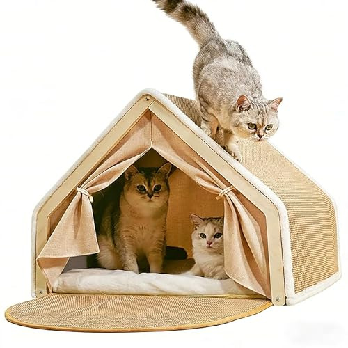 Katzenhaus mit Kratzbrett,2-in-1 Holz Katzenzelt Indoor mit Sisal Cat Cave | Faltbare Katzenhöhle mit Stabiles Holzgestell,Weichem Plüschkissen Katzenbett, Katzenzelt für 2 Katzen
