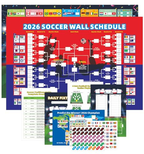 HOMIEVAR 2026 Football World Cup 8-in-1 Schedule Poster Set 22x33in Pre-Filled Group Stage, Position-Labeled Knockout Bracket, Team Guide & Interactive Flag Cards for Football Fans