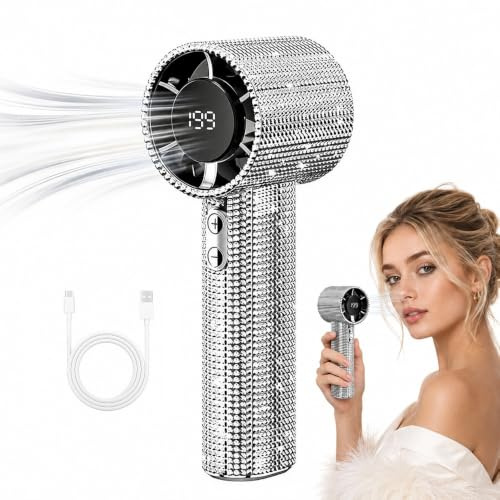 KUWUNG Handheld Fan Diamond, Portable Hand Fan with Digital Display, 5 Gear Wind, USB Rechargeable, Hand Held Fans for Home Office Bedroom Outdoor Travel Camping (Silver-White)