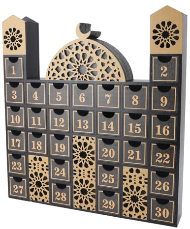 HELEVIA Ramadan-Countdown-Kalender aus Holz, Moscheenform mit LED-Licht und Aufbewahrungsschubladen, Zum Feiern von Eid und Islamischer Tradition (JM01508)