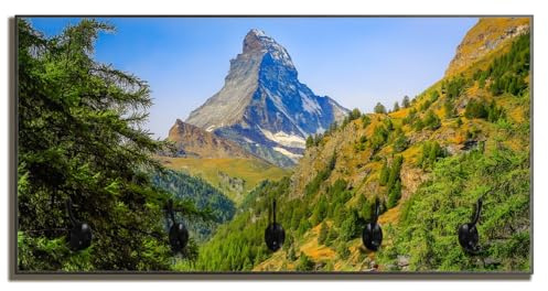 Wallario Wandgarderobe aus Holz in Größe 80 x 40 cm in Premium-Qualität, Motiv: Gipfel über grünem Tal | 5 Kleiderhaken zum Aufhängen
