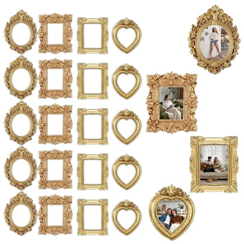 24 Stück Mini Bilderrahmen Vintage, Miniatur Bilderrahmen, Tisch Wand | Gold Barock kleine Fotorahmen, Schmuck Display, DIY Basteln, Fotografie Dekoration