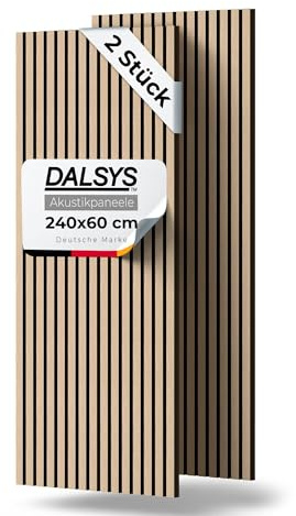 Dalsys 2x Akustikpaneele mit Lamellen 240 x 60cm Eiche hell Holz | Wandpaneele für Schallschutz in Büro- & Wohnräumen, Akustik Paneele Wand, 3D Wandverkleidung innen, Holzpaneele