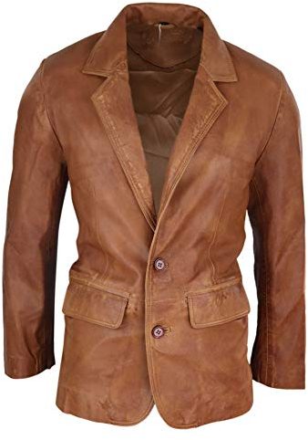 Veste en Cuir véritable Coupe Classique pour Homme avec Fermeture à 2 Boutons Style Vintage - Marron 3XL