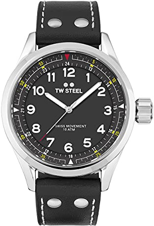 TW Steel Swiss Volante Herren 45mm Quarzuhr mit schwarzem Zifferblatt, schwarzem Lederarmband und Datumskalender SVS103