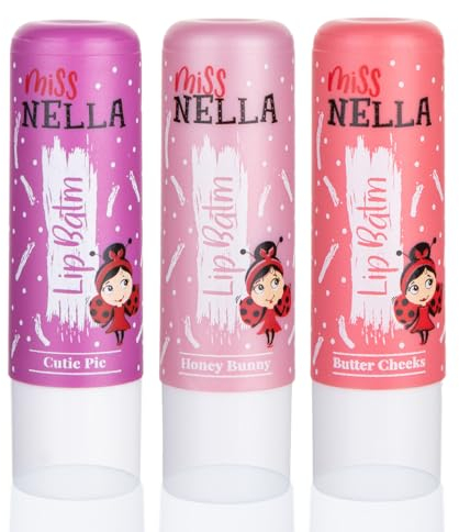Miss Nella set of 3 Hypoallergenic children Lip Balms- HONEY BUNNY, SWEET CHEEKS & CUTIE PIE, Non Toxic Make Up for kids, perfect for those with sensitive skin.