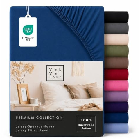 VelvetHome Spannbettlaken 200x200 cm Jersey 100% Baumwolle, Navy Blau | Spannbetttuch 200x200 für Matratzen & Topper bis 25 cm, gekämmte Baumwolle, OEKO-TEX, weich, atmungsaktiv, bügelfrei
