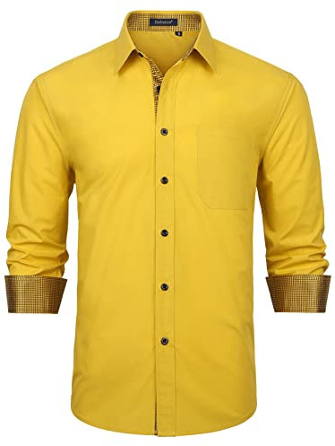 Enlision Chemises Casual Homme Jaune Manches Longues Habillées Chemise Business Formelle Coton Chemise Repassage Facile Regular Fit 2XL