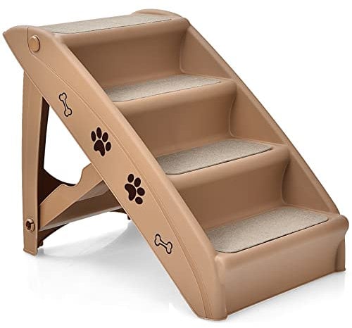 Maxmass Folding Dog Steps, Portable Pet Stairs with Non-slip Footpads, Comfortable Felt and Adorable Pattern, Access Pet Ladder Ramp for High Bed, Couch and Sofa (Coffee)