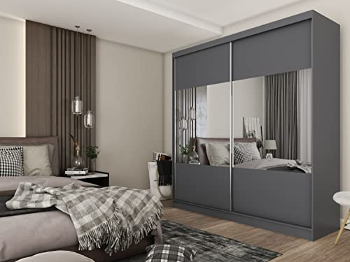 ALTDECOR Kleiderschrank mit Spiegel und Schiebetüren, kugelgelagerte Führungsschienen und Aluminium-Leisten - CELI - 200 cm Grau
