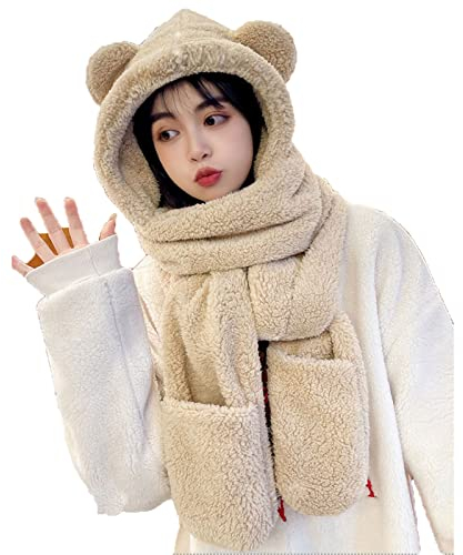 Berun 3 In 1 Mütze Damen Winter Set, Warme Mütze Schal Handschuhe Set mit Fleecefutter, Dicke Plüsch Hut Set für Damen Mädchen