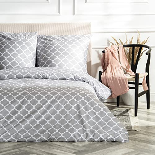 VelvetHome Deluxe Bettwäsche 135x200 Baumwolle Bettbezug 135x200 cm mit Kissenbezug 80x80 cm Hohe Qualität Bettwäsche-Set mit Reißverschluss 100% Baumwolle Made in EU Marokko Weiß & Grau 135 x 200