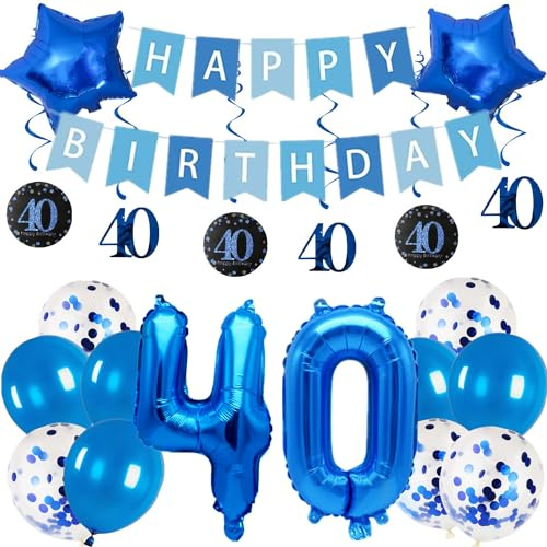 Pargleev Blue 40th Birthday Decorations for Men Women, Number 40 Balloons | 14-balloon kit: two 32in Number 40 foil balloons, banner, star, latex & confetti balloons, glitter swirls; air or helium