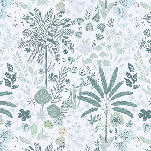 Reqfen 39.5CMX3M Botanical Self Adhesive Wallpaper Teal Green Palm Leaf and Trees Peel and Stick Wallpaper Waterproof Vinyl Film Contact Paper for Living Room Bedroom Bathroom Wall Cabinets Decor