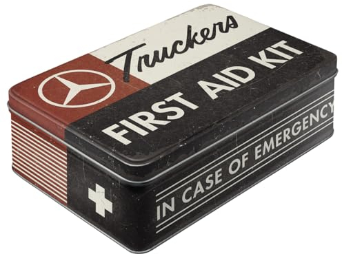 Nostalgic-Art Retro Vorratsdose Flach, 2,5 l, Daimler Truck – First Aid Kit – Geschenk-Idee für Trucker, Original Lizenzprodukt (OLP), Blech-Dose mit Deckel, Werkstatt-Deko im Vintage Design