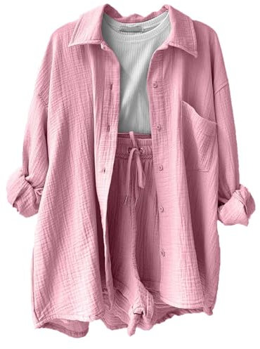 DHYUEN Longbluse Damen Lässig Für Leggings Einfrabige Sportshirt Damen Set Hose Und Oberteil Kurzarm-Blusen Oversized Tops Damenblusen Loungewear Damen Set Blusentop Sommerblusen(2-Pink,L)