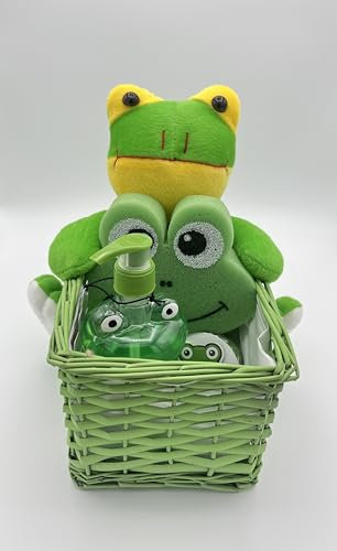 Casa Regalo 5 tlgs. Geschenkset - Aufbewahrungskörbchen aus Weidengeflecht mit Tiermotiv Frosch, Handseife in Pumpspender, Magisches Handtuch, Badeschwamm, mini Duschgel - Kindergeburtstag, Deko-Korb