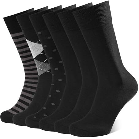 CLOSEMATE 6 Pares Calcetines Ejecutivos Hombre Altos Finos Transpirables Largos Sin Costuras de Trabajo Elásticos Traje Vestir Algodon Negros Rayas Cuadros Lunares,L