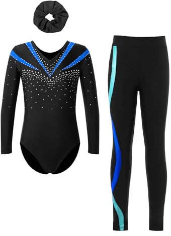 Fldy Kinder Mädchen Gymnastikanzug Langarm Mit Hose Lang Glitzer Turn Trikot Leggings Haargummi 3er Tanzkleidung Set Blau 146-152