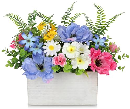 Kunstblumen Mohnblumen Frühling Deko Blumengesteck Rustikal Landhaus Deko | Künstliche Blume in Holzkiste Dekoblumen für Balkon Tisch Regal Wohnzimmer Küche Büro Schlafzimmer Dekor