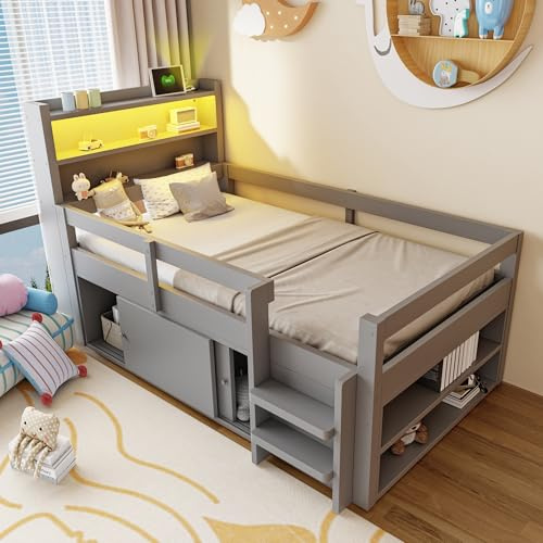 Xwiny Halbhohes Bett 90x200 cm mit LED-Beleuchtung und USB Ladefunktion, Kinderbett mit Staufächern und Offene Regale, Holzbett mit Schiebetüren, Kopfteil mit Stauraum, Grau-A(Ohne Matratze)