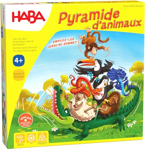 HABA Pyramide d'animaux, jeu d'empilement pour 2-4 joueurs à partir de 4 ans, avec figurines d'animaux en bois, également jouable en solo, 3478