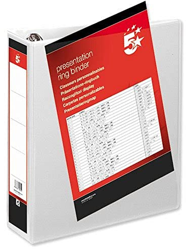 5 Star A4 Folder Ring Binder 4 D-Ring 65mm File (Pack of 10) White Ring Binders Presentation Folders
