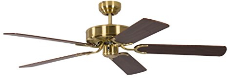 Deckenventilator ohne Beleuchtung Potkuri, Gehäuse Messing seidenmatt, Wendeflügel Walnuss oder Walnuss mit Rattaneinlage , 132 cm, für Räume bis zu 25m²