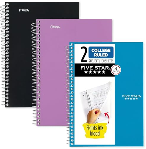Five Star Spiralnotizbücher, 2 Fächer, College-Papier, liniert, 100 Blatt, 24,9 x 15,2 cm, Farben für Sie ausgewählt, 3 Stück (73521)