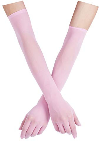 FEESHOW Damen/Herren Nahtlose Handschuhe Stulpenärmel Elastisch Strumpfhosen Nylon Durchsichtig Ellenbogen Lang für Hochzeit Abend Rosa Einheitsgröße