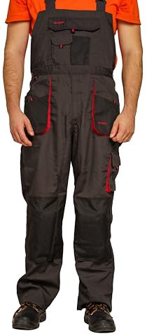 ART.MAS Classic Bib and Brace Dungaree Overalls, Pro Wear Workwear, S-3XL Size - Multipockets, Pocket for Knee Pads, Durable Triple Stitched Seams, 2 Colors (36/38-54EU, Grey-Red)