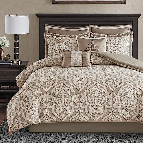 Madison Park Odette Gemütliches Bettdecken-Set Jacquard-Damast-Medaillon-Design – Modern für alle Jahreszeiten, Daunen-Alternative Bettwäsche, Kissenbezüge, Dekokissen, Queen, Hellbraun, 8-teilig