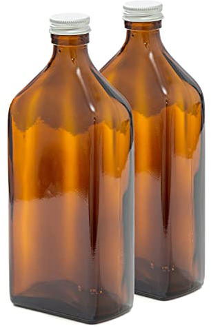 Aura 500ml RECTANGULAR Amber Glass Bottles with Pretty SILVER Lids - PACK of 2