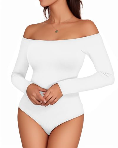 MANGOPOP Off The Shoulder Long Sleeve Short Sleeve Bodysuit for Women, Long Sleeve White, XS