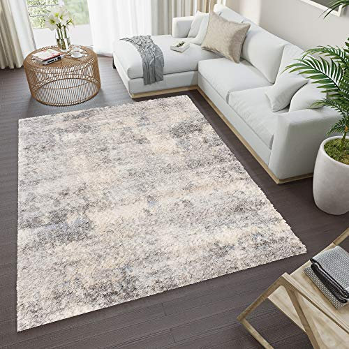 TAPISO Versay Teppich Shaggy Langflor Hochflor Modern Grau Creme Splash Design Leinwand Optik Meliert Wohnzimmer Schlafzimmer ÖKOTEX 200 x 300 cm