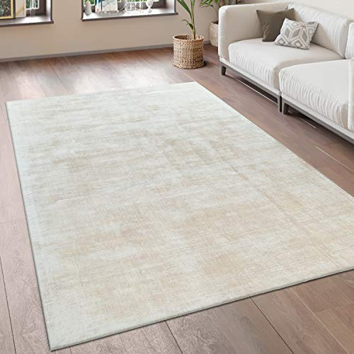 Paco Home Teppich Wohnzimmer Vintage Kurzflor Handgefertigt Hochwertig 100% Viskose, Grösse:120x170 cm, Farbe:Creme