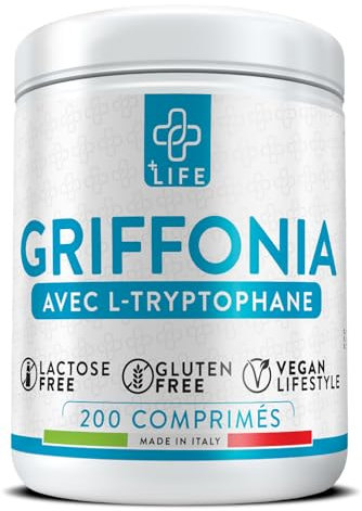 Griffonia Triptofano Alto Dosaggio PiùLife, 200 Compresse Da 400mg, 80mg L-triptofano Precursore della Serotonina, Sonnifero Potente Naturale Dormire Meglio, Integratore Buon Umore, Ansia E Stress
