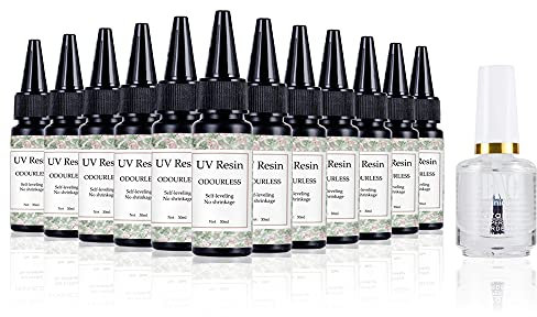 Geruchloses kristallklares UV-Harz Keine Vergilbung 12x30ml mit Glanzversiegelung 15ml, UV-Harz-Kit-Set für Schmuckherstellung/Basteln DIY/Gießen & Beschichten (12x30ml Harz + Glanzversiegelung)