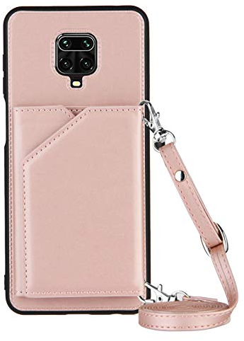 PekaTech Handykette für Xiaomi Redmi Note 9S / Note 9 Pro, PU-Leder Hülle- Handyhülle mit Band zum Umhängen - Klapptasche Handytasche Case mit Handy-Kette, Kartenfach und Portmonee, Roségold