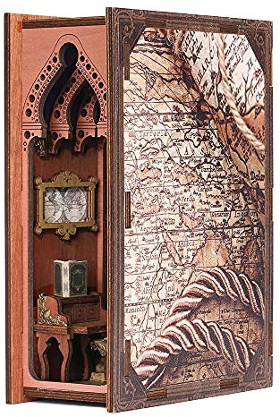 Cutefun DIY Book Nook Kit Buchstützen Modell Holzbausatz, 3D Holzpuzzle Booknook Bücherregaleinsatz Kits mit Möbeln und Accessoires, Puppenhaus für Jugendliche und Erwachsene SC09