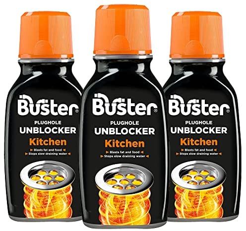 Buster Kitchen Plughole Unblocker 150g, Pack of 3 - Kitchen Drains & Sinks Unblocker, Blasts Fat & Food Debris – Fast Acting Plughole Unclogger, Clears Blockages & Slow-Draining Water