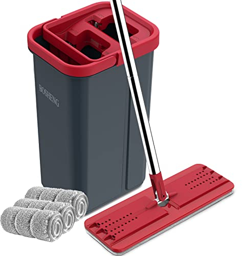 BOSHENG Wischmopp und Eimer mit Auswringer-Set, freihändiger flacher Bodenwischer und Eimer, 3 waschbare Mikrofaser-Pads, Nass- und Trockenanwendung, Bodenreinigungssystem für Zuhause, Schwarz und Rot