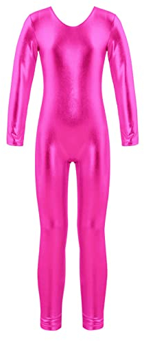 ranrann Kinder Mädchen Jungen Gymnastikanzug Langarm Body Bodysuit Overall Sport Ballett Trikot Tanz Leotard Ganzkörperanzug Einteiler Ballettanzug Turnanzug Hot Pink_Metallic 116/6 Jahre