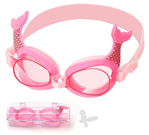 Pwsap Lunettes de natation anti-buée pour filles de 4 à 14 ans, jolies lunettes de natation avec verres larges, joints anti-orbite, bouchons d'oreilles, boîte à lunettes