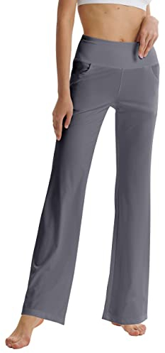 LaiEr Women's Bootcut Yoga Pants with Pockets High Waist Flared Bootleg Yoga Workout Pants with Side Pockets(Light Grey,XL)