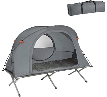 SoBuy faltbar Survival-Zelt Feldbett mit Zelt Feldbett 4 in1 Camping Set mit Schlafsack Wurfzelt Matratze und Zubehör Zelt 1 Person 1 Mann Zelt Outdoor Hellgrau BHT ca. 194x147x87cm OGS60-HG