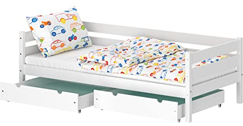 WNM Group Kinderbett für Mädchen und Jungen Kaira - Jugenbett aus Massivholz - Bett mit 2 Schubladen - Funktionsbett 180x90 cm - Weiß