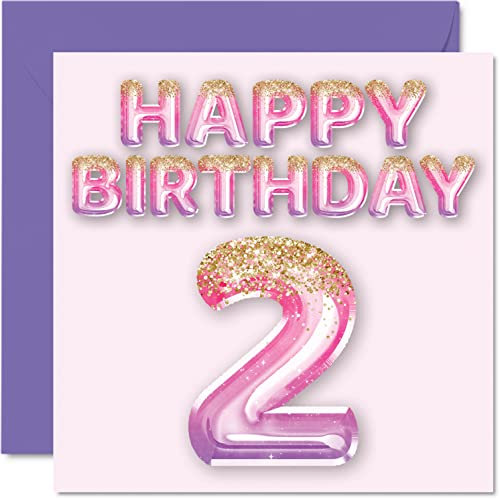 Stuff4 2. Geburtstagskarte für Mädchen – rosa und lila Glitzerballons – Happy Karten für 2 Jahre altes Mädchen Tochter Schwester Enkelin Cousin, 145 mm x 145 mm Grußkarten für zwei zweiten Geburtstag