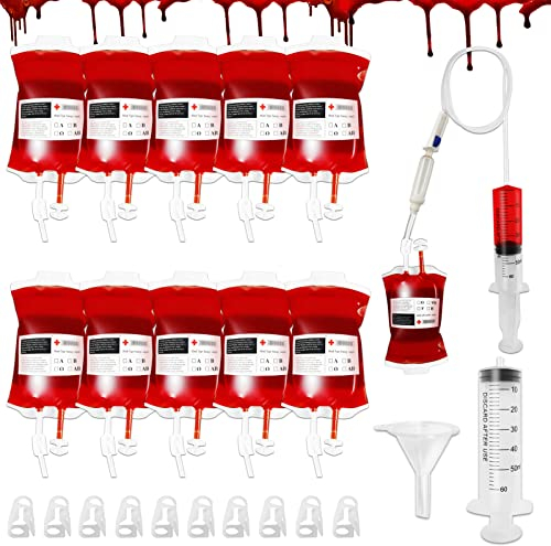 Leeelyan 10 Stück 350 ml Halloween Trinkgefäß Blutbeutel,Blutbeutel für Getränke,Getränkebeutel mit Blutgruppenetiketten und Spritze,Halloween Horror Dekoration,für Halloween Cosplay Zombie
